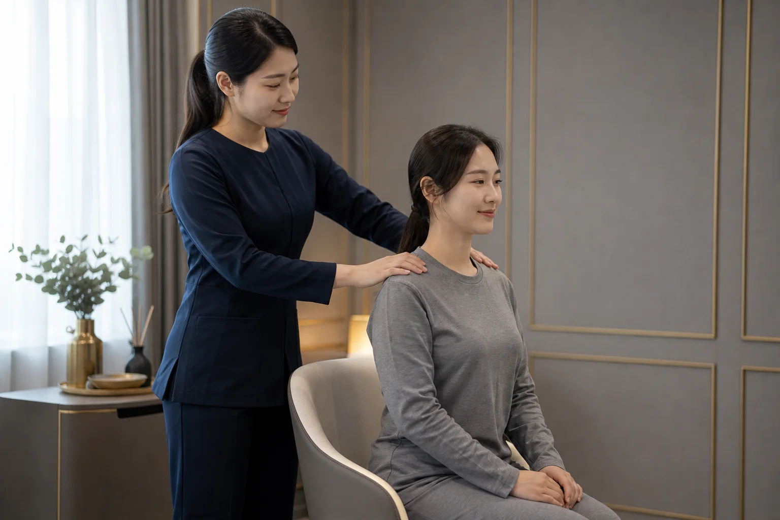 전문복을 완전 착의한 20대 한국인 성인 여성 마사지사가 긴소매와 긴 바지를 입은 20대 한국인 성인 여성 고객에게 비선정적 어깨 관리를 제공하는 모습