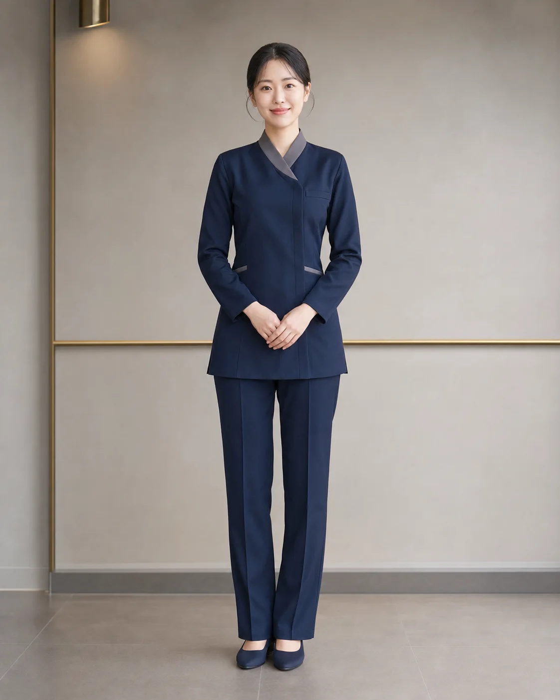 네이비 포인트의 전문복을 완전 착의한 20대 한국인 성인 여성 마사지사의 단정한 전신 사진